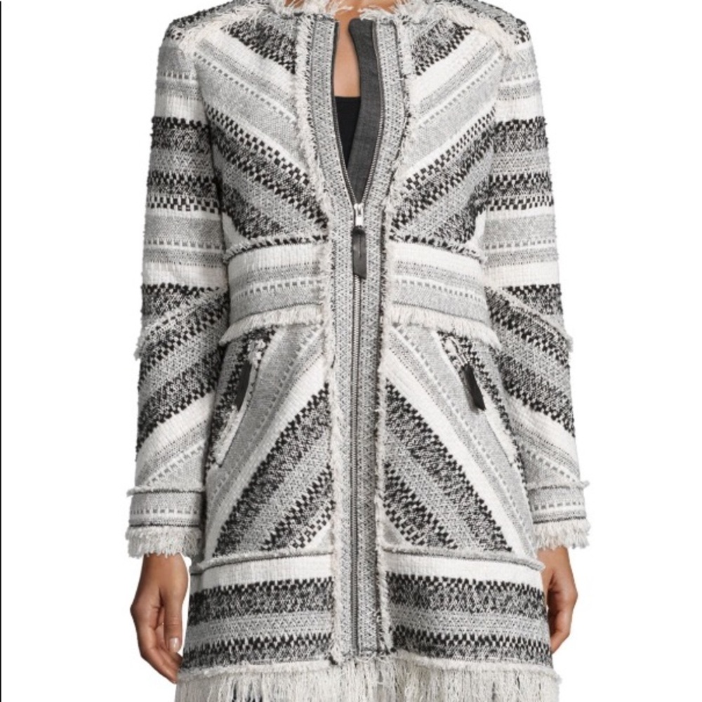 Rebecca Taylor Chevron-Knit Fringe Trim Coat